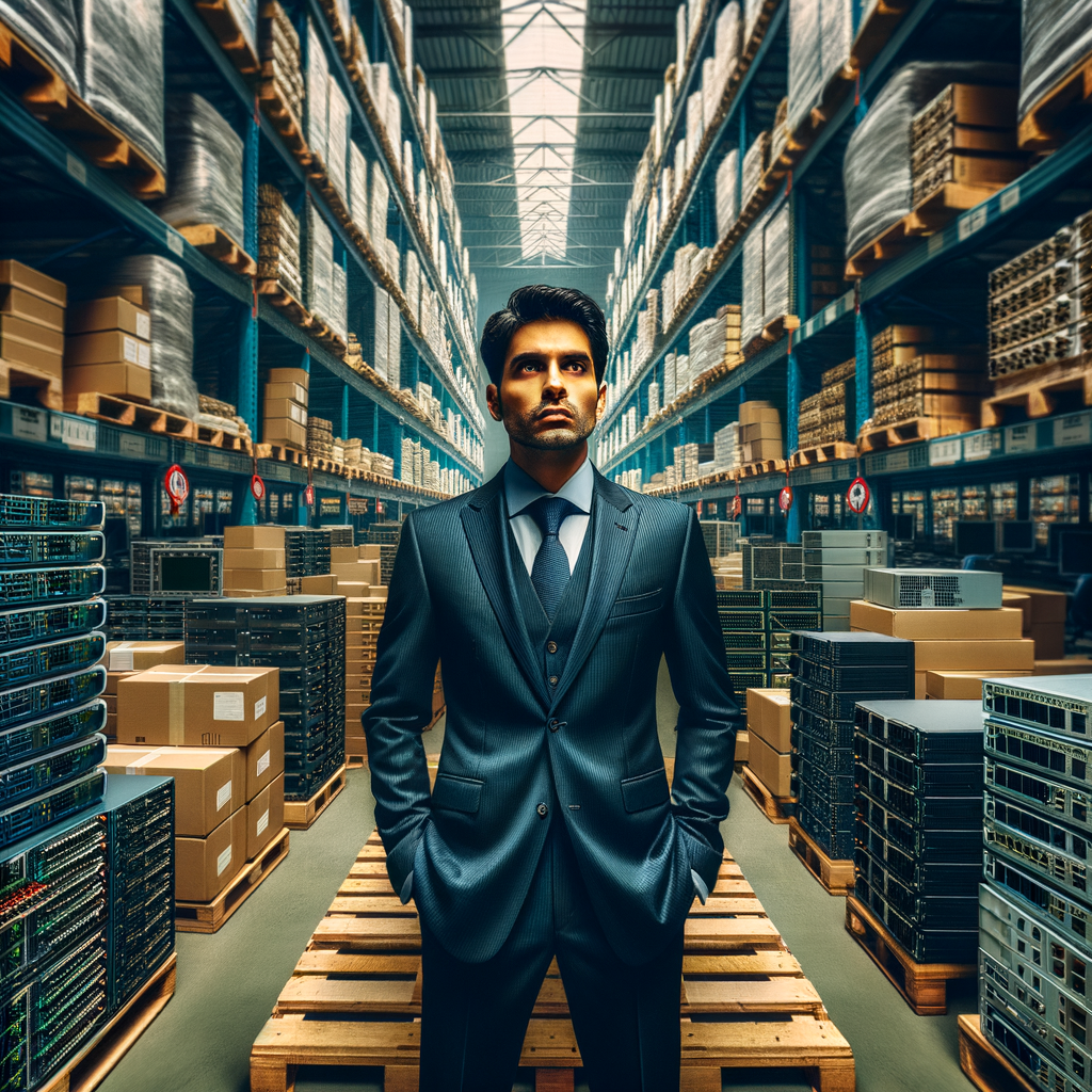Create a scene inside a large warehouse, with pallets of I.T. computer hardware stacked up, and a man in a suit standing in the scene.