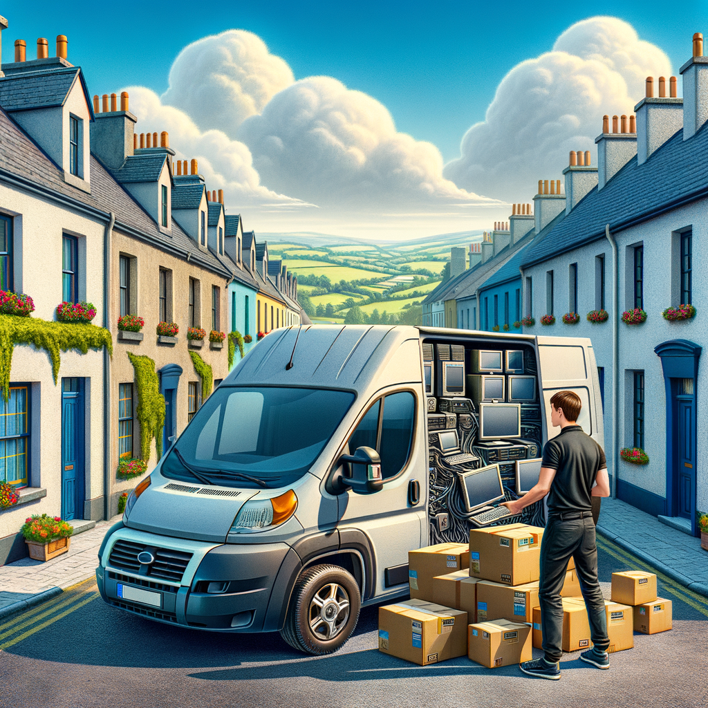 Create a scene where there is a european style van, with a logo on the side for an I.T. business, that has a man with a polo shirt loading computer equipment into the van. The setting is Ireland